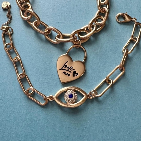 ALDO-Gold Chain Bracelet Set with Heart and Evil Eye Protection Charms - Picture 2 of 3